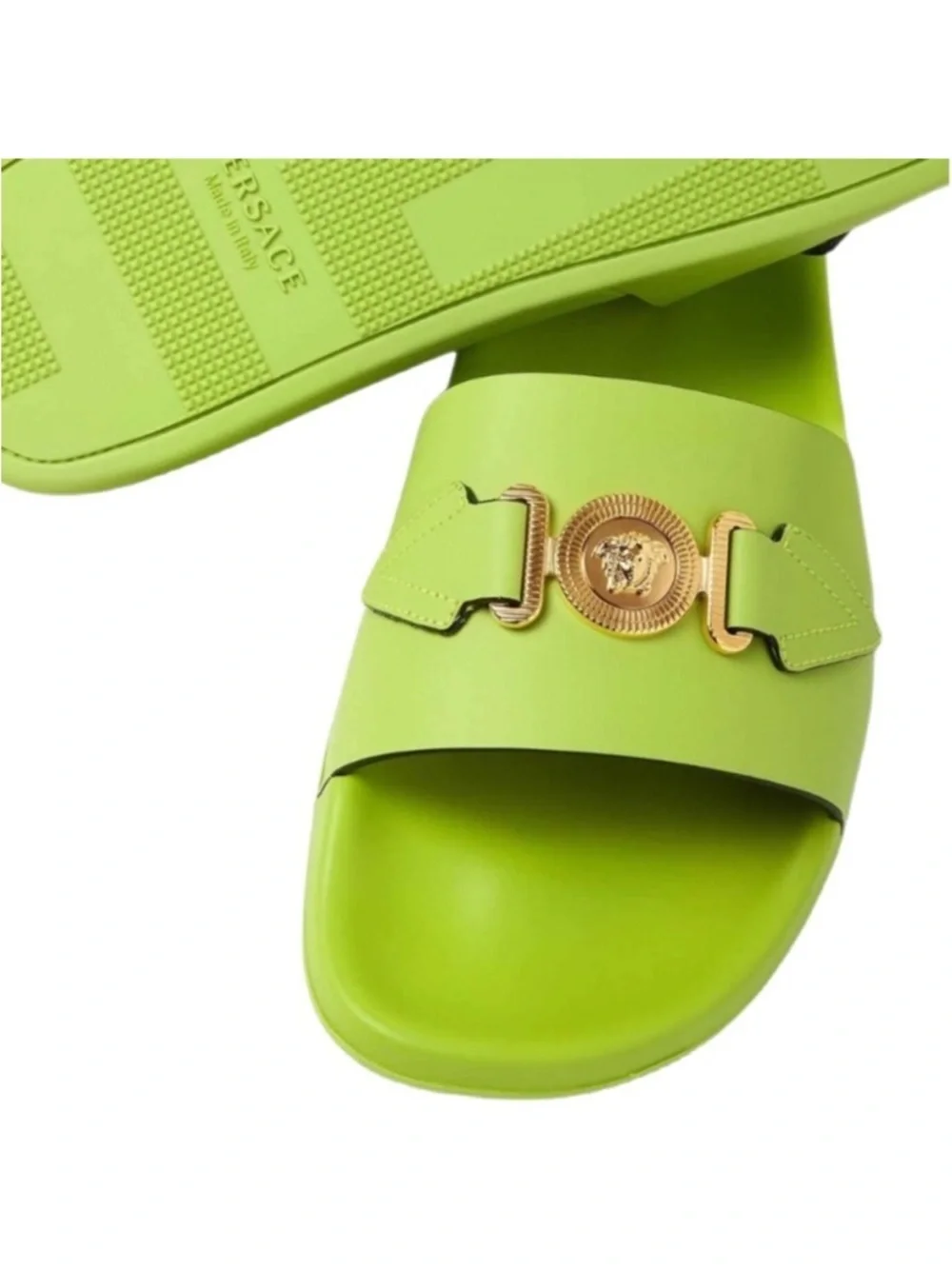 Versace Neon Lime Slide Sandals with Gold Medusa Accents